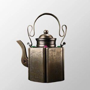 Vintage Chinese White Copper Inlay Gems Handle Teapot